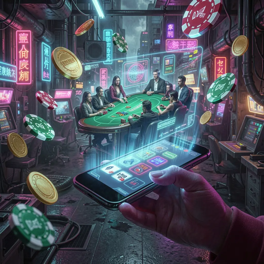 Glowing holographic casino interface with floating chips and digital effects showcasing the advanced TAKA99 mobile casino app in Bangladesh