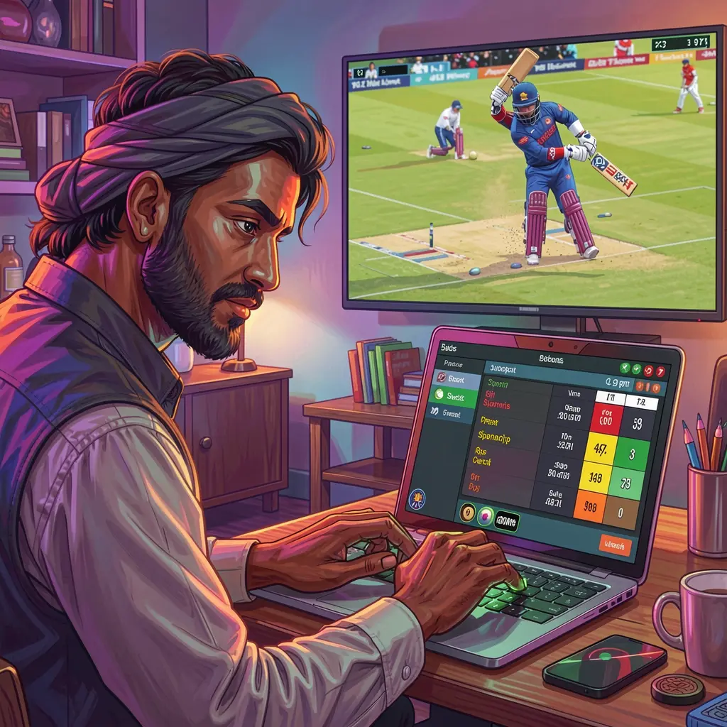 Focused Bangladeshi sports bettor placing live cricket bets on a laptop with stadium visuals behind using the TAKA99 platform