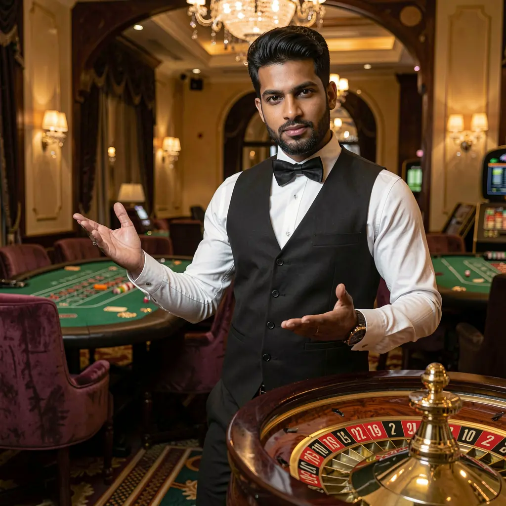 Confident casino dealer pointing forward beside a roulette table highlighting interactive live gaming on TAKA99 for players in Bangladesh
