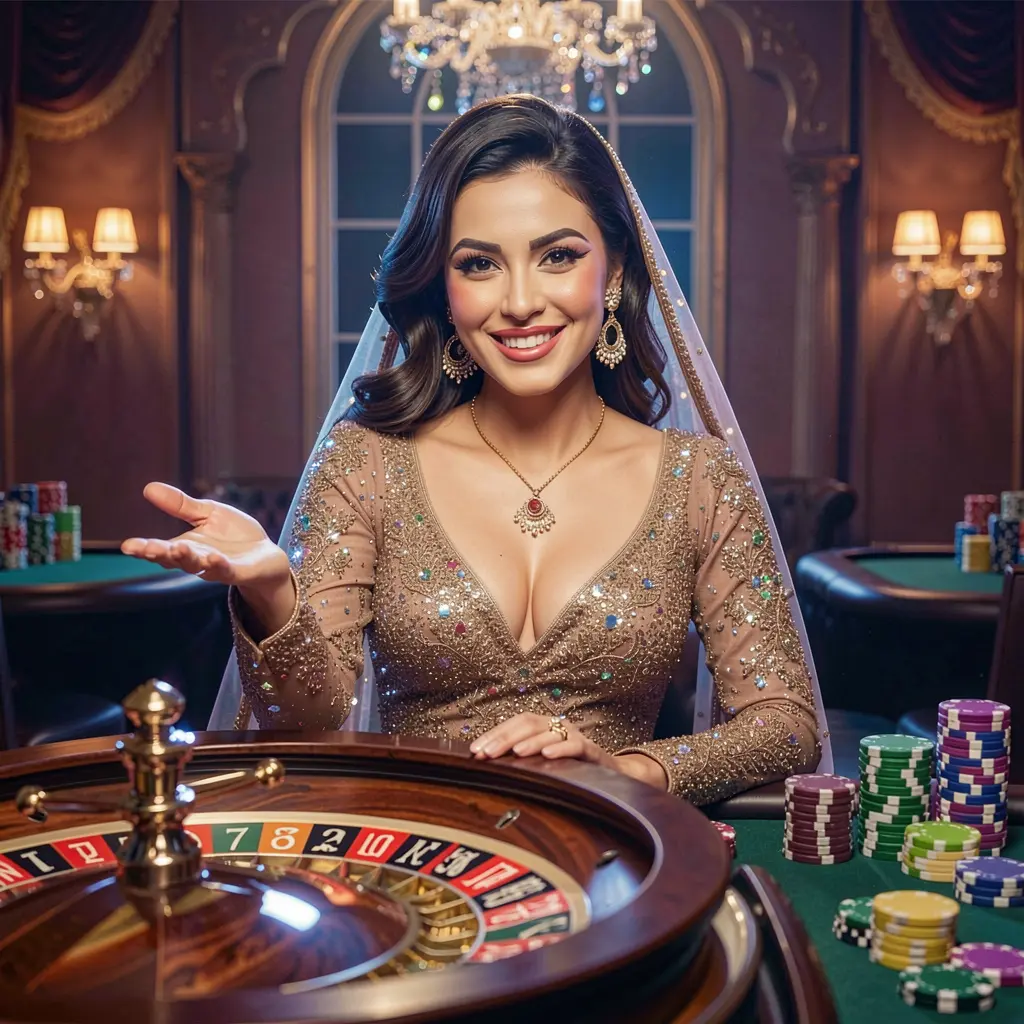 Elegant live casino dealer in a luxury evening outfit inviting players to log in with a glowing roulette wheel and chips behind her at TAKA99
