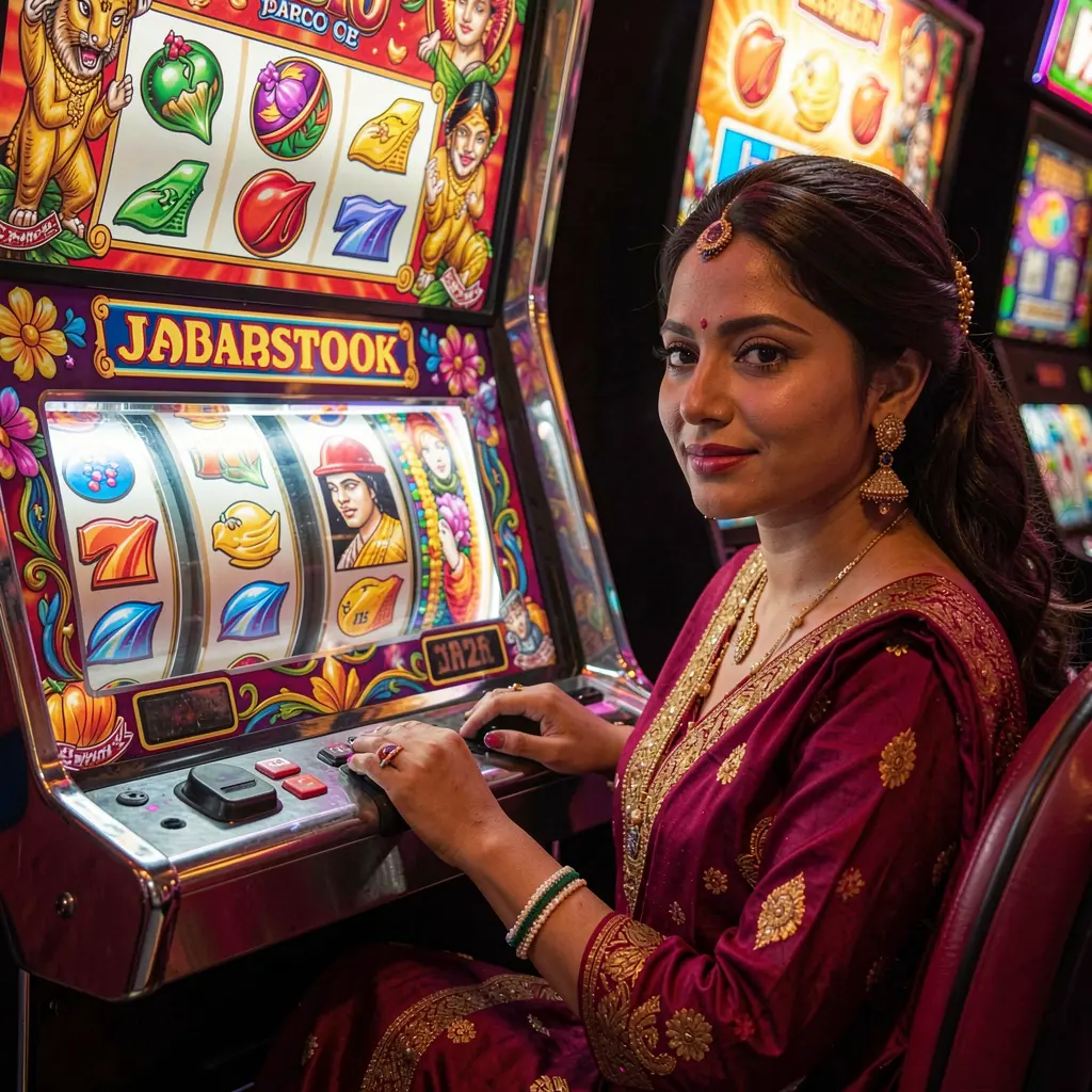 A stylish woman in traditional Bangladeshi attire playing a glowing slot machine with jackpot symbols at TAKA99 casino in a cinematic gaming atmosphere